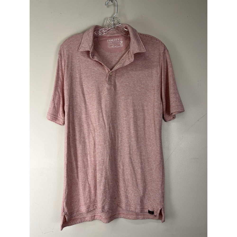 Faherty Polo Shirt Mens Medium Pink White Striped Cloud Cotton Preppy Beach